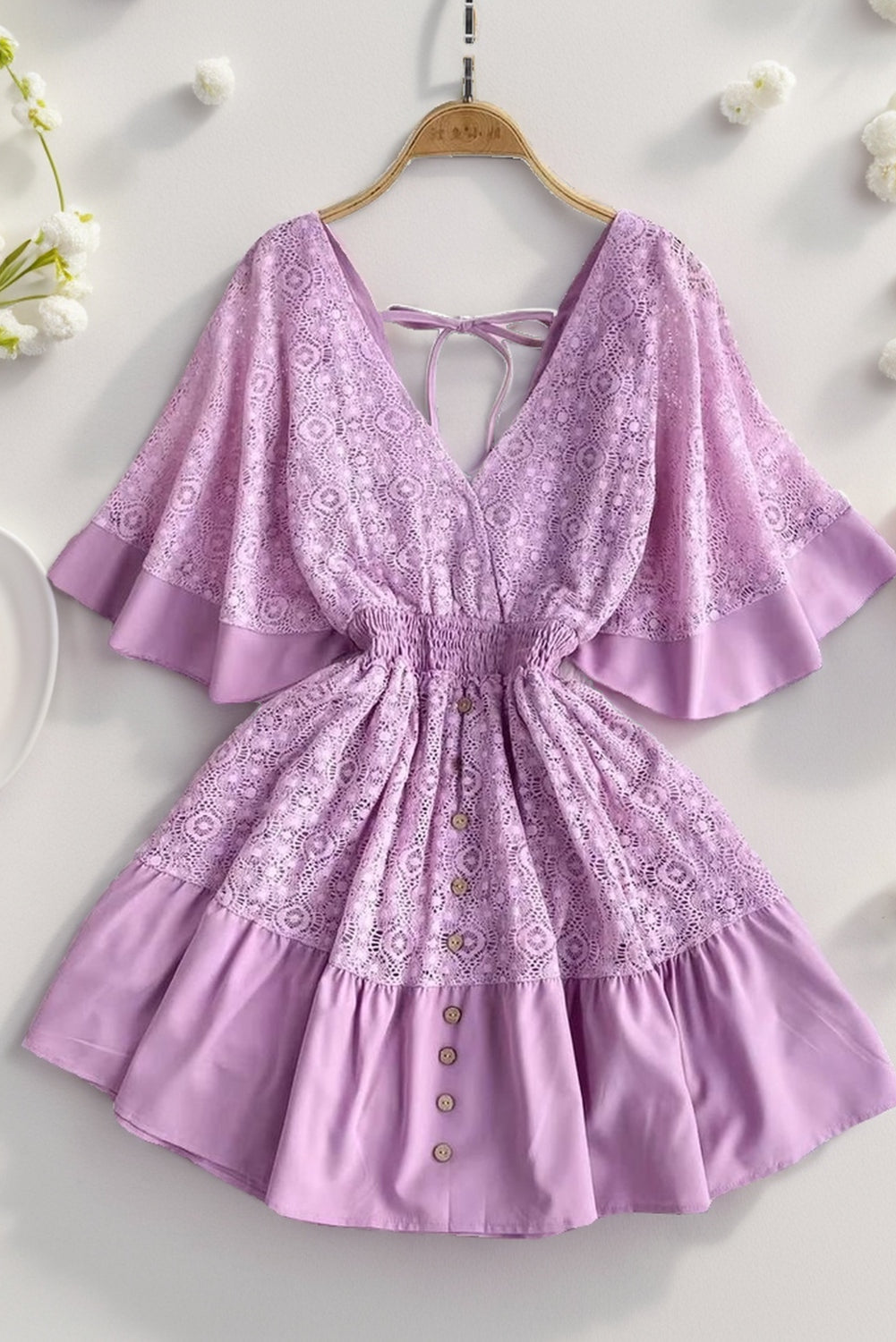 Our Best Polyester Blend Opaque Smocked Ruffle Hem Tie Back Lace Mini Dress (Variants)