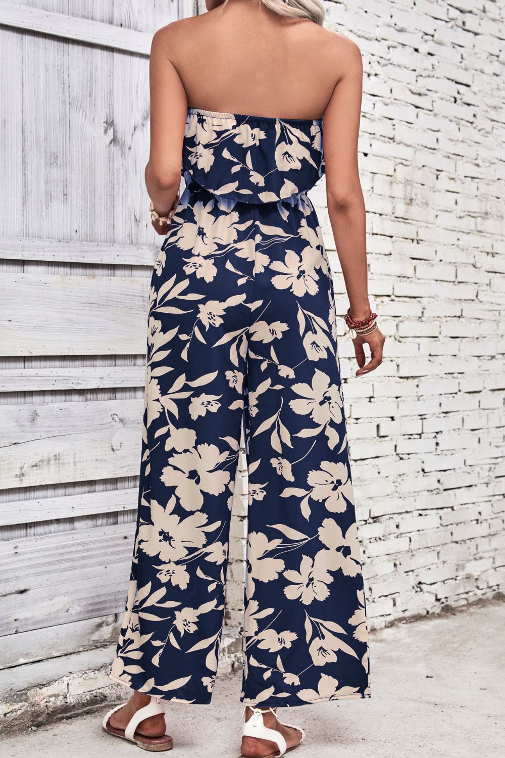 Perfee Floral Strapless Wide Leg Jumpsuit