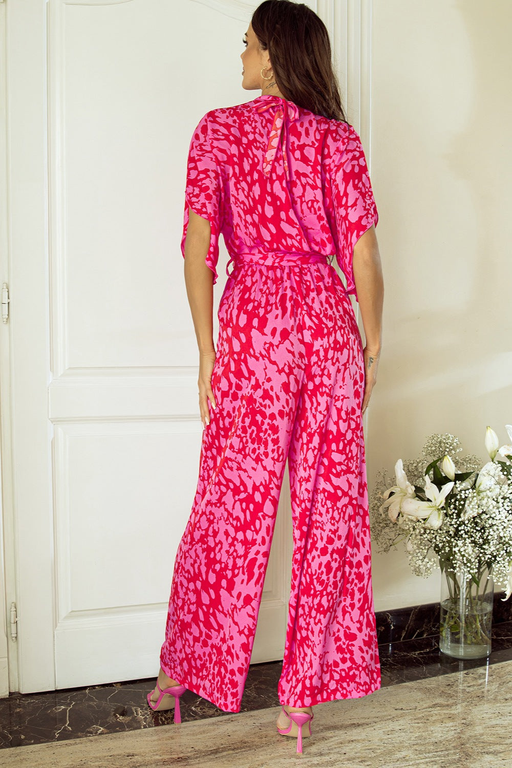 Our Best 100% Polyester Fashion Plus Floral Fantasy Mock Neck Kimono Sleeve Jumpsuit (Hot Pink)