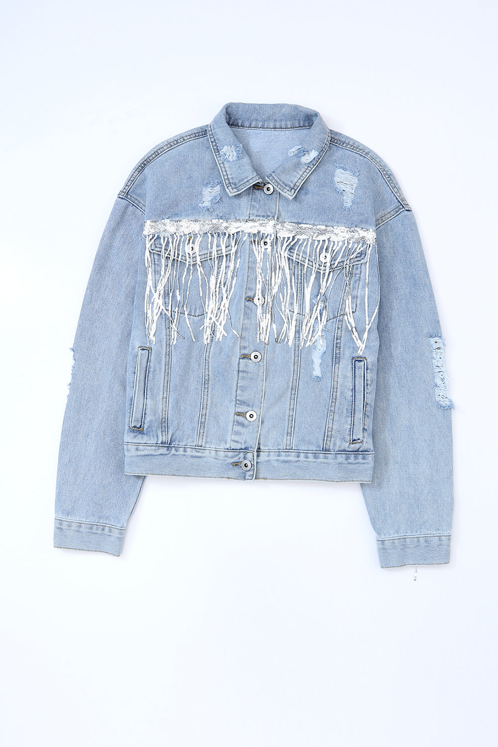 Damsel In Distressed Cotton Blend Sequin Fringe Trim Distressed Button-Up Denim Jacket (Medium Denim)