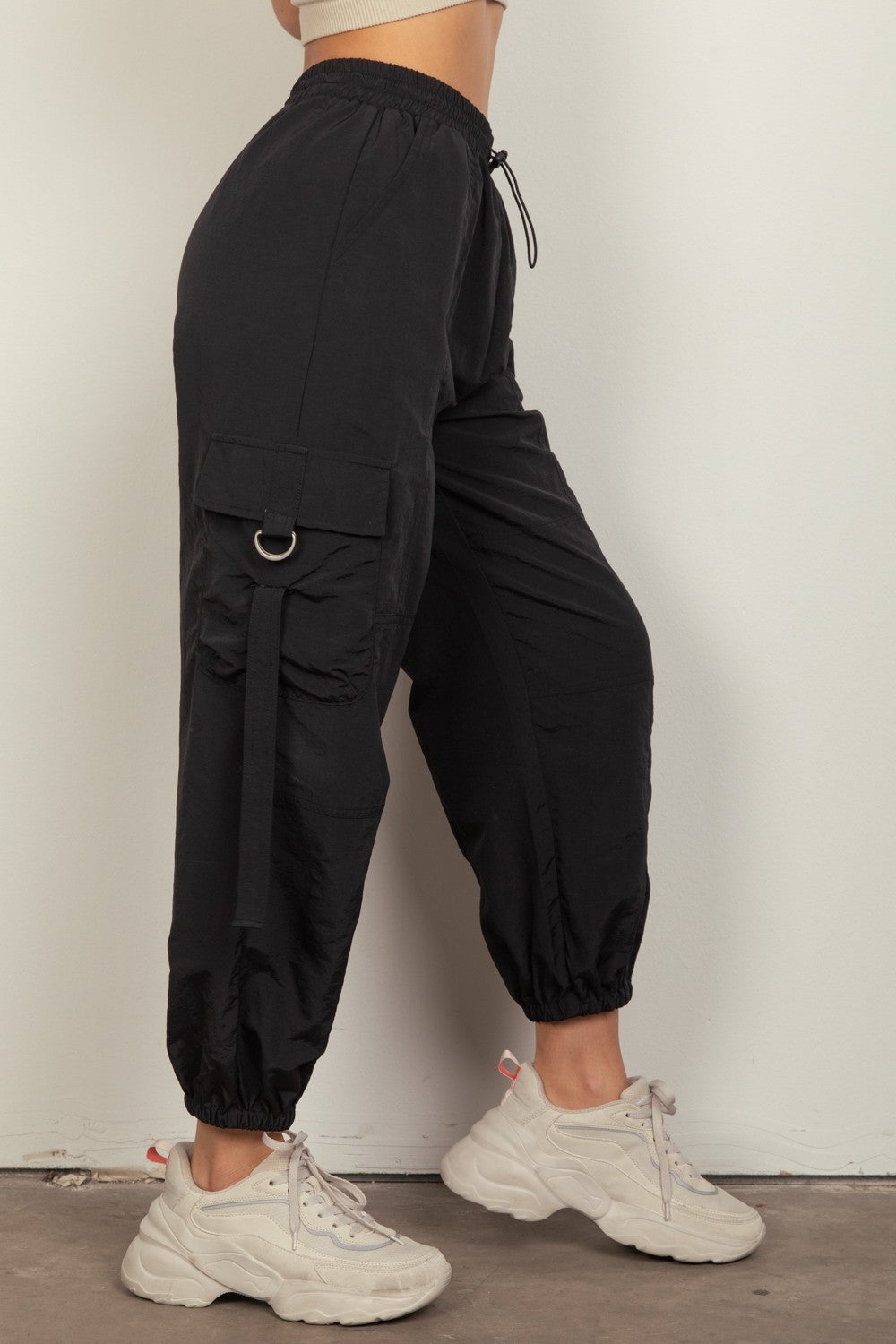 VERY J 100% Nylon Washed Woven Elastic Waist Band Cargo Pants with Pocket Detail (Black)