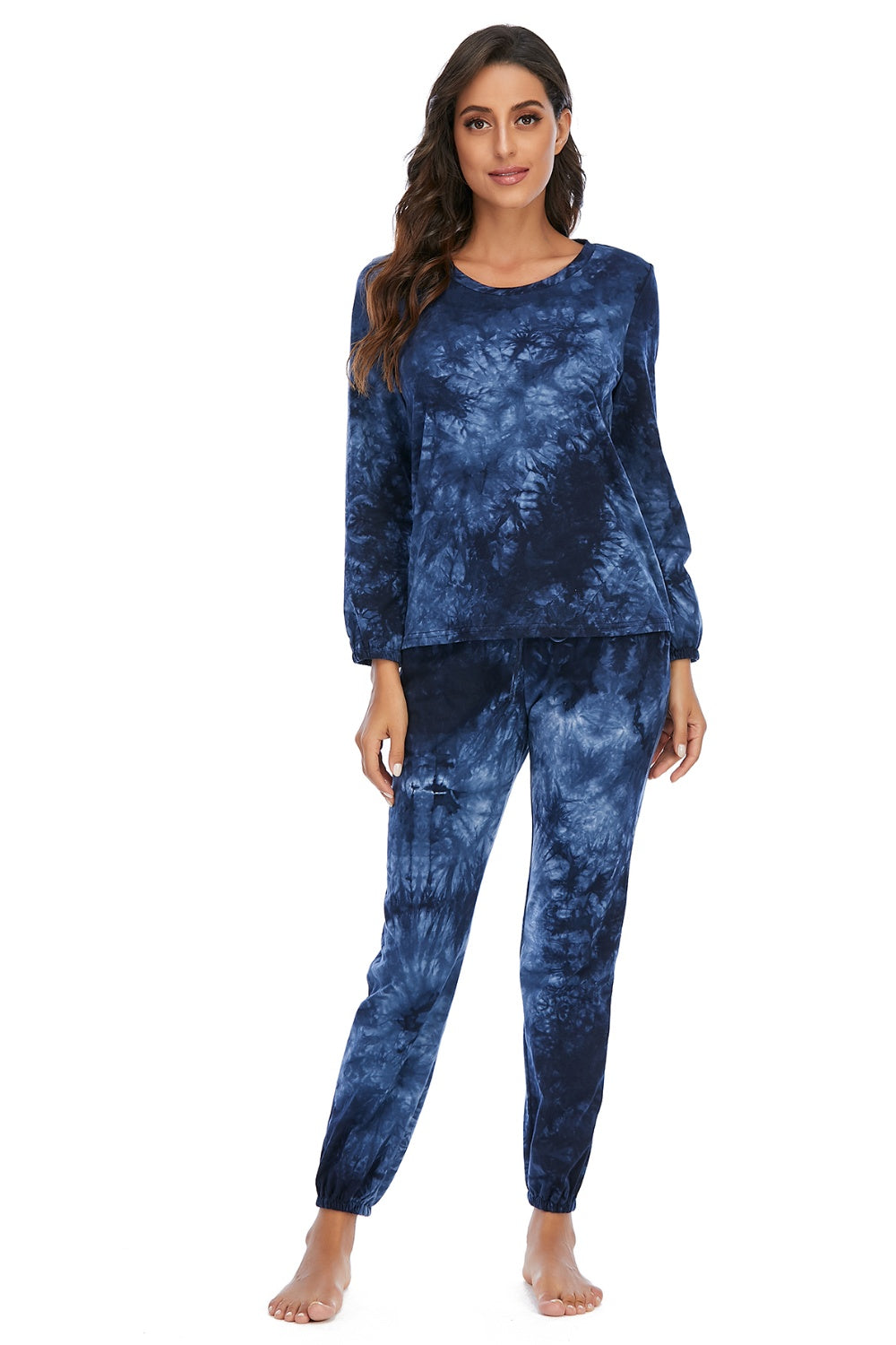 Tyra Tie-dye Rayon/Spandex Blend Drawsting Waist Top and Pants Two Piece Lounge Set (Multicolor)