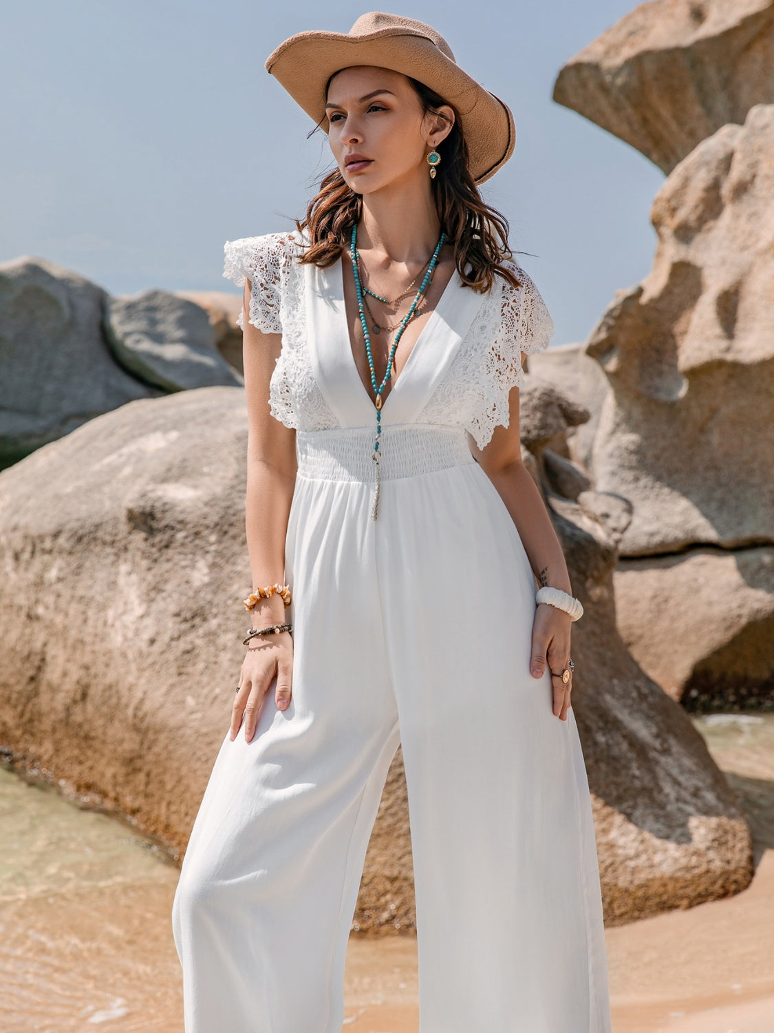 The Lilianna Lace 100% Viscose Scalloped Lace Deep-V Button Keyhole Cap Sleeve Jumpsuit (White)