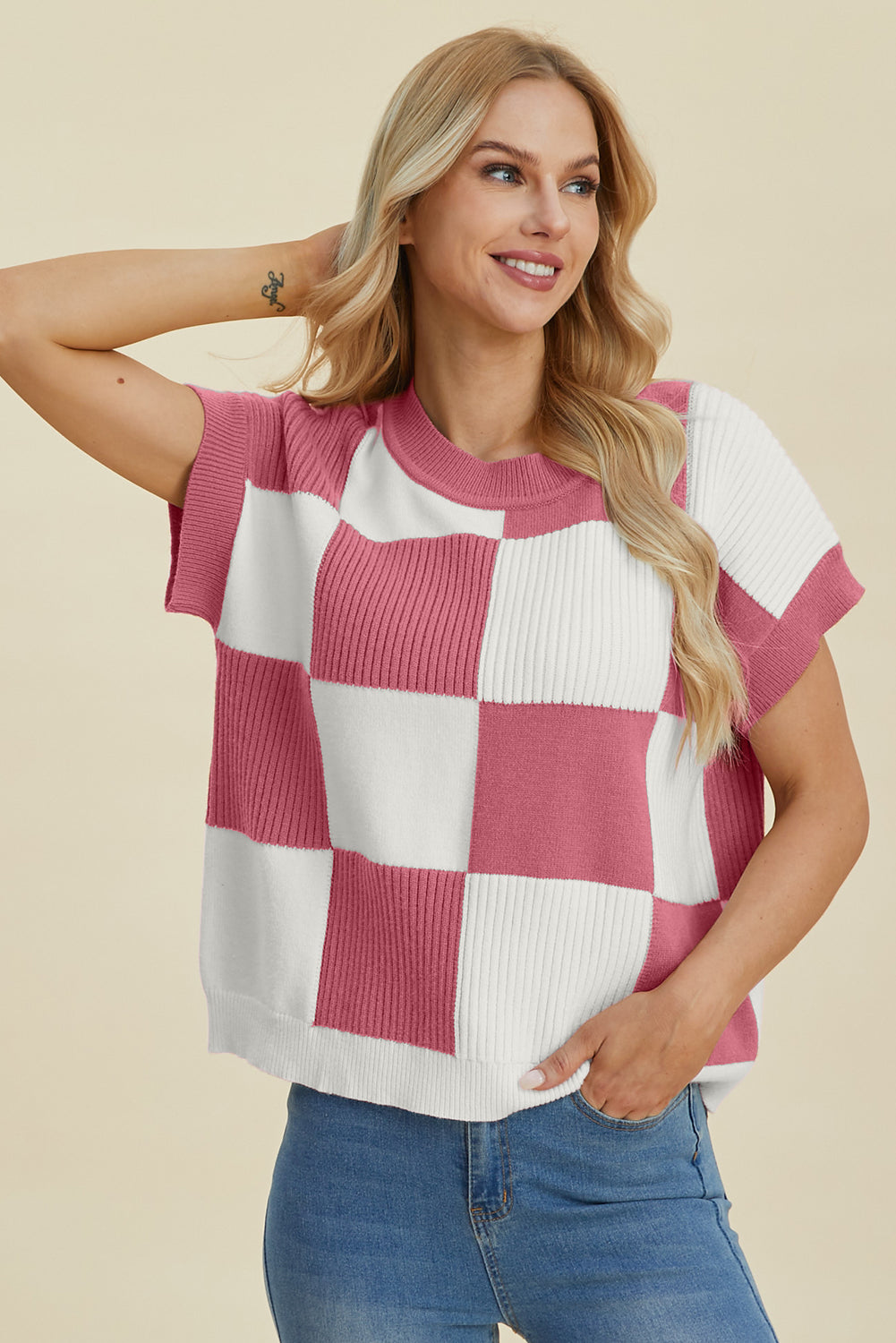 Double Take Full Size Checkered Round Neck Short Sleeve Sweater