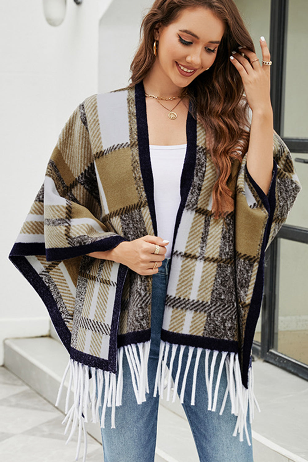 Monah Paloma Acrylic Blend Pretty-n-Plush Cloak Long Sleeve Fringe Detail Plaid Poncho (Multicolor)