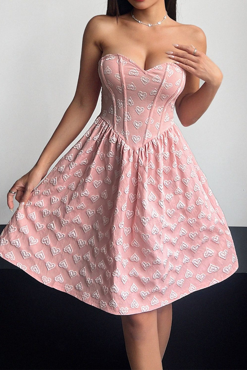 Our Best 100% Polyester Off Shoulder Detail Embossed Heart Sweetheart Neck Mini Dress (Dusty Pink)