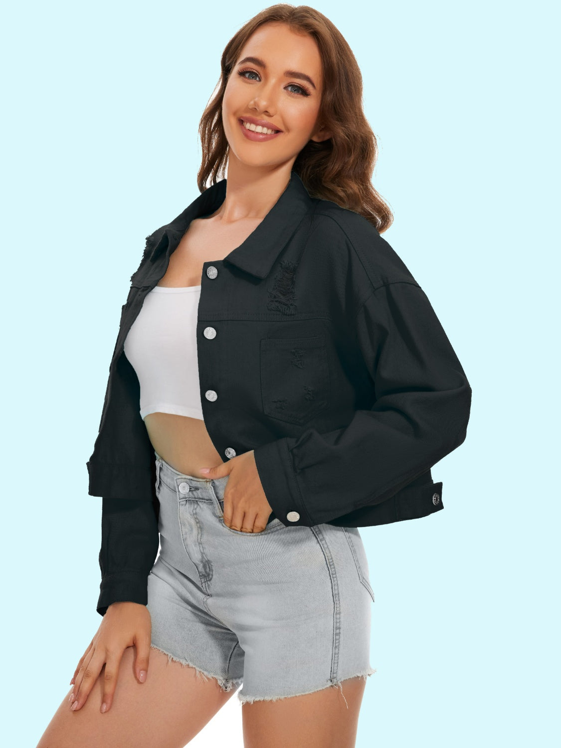 Damsel In Distressed 100% Cotton Fashion Plus Distressed Button-Up Crop Denim Jacket (Multicolor)