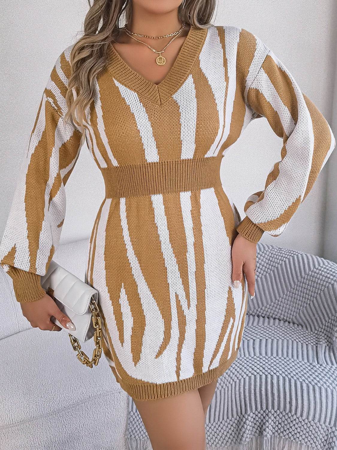 Samantha On Safari Fashion Plus 100% Acrylic Animal Print V-Neck Long Sleeve Sweater Dress (Multicolor)