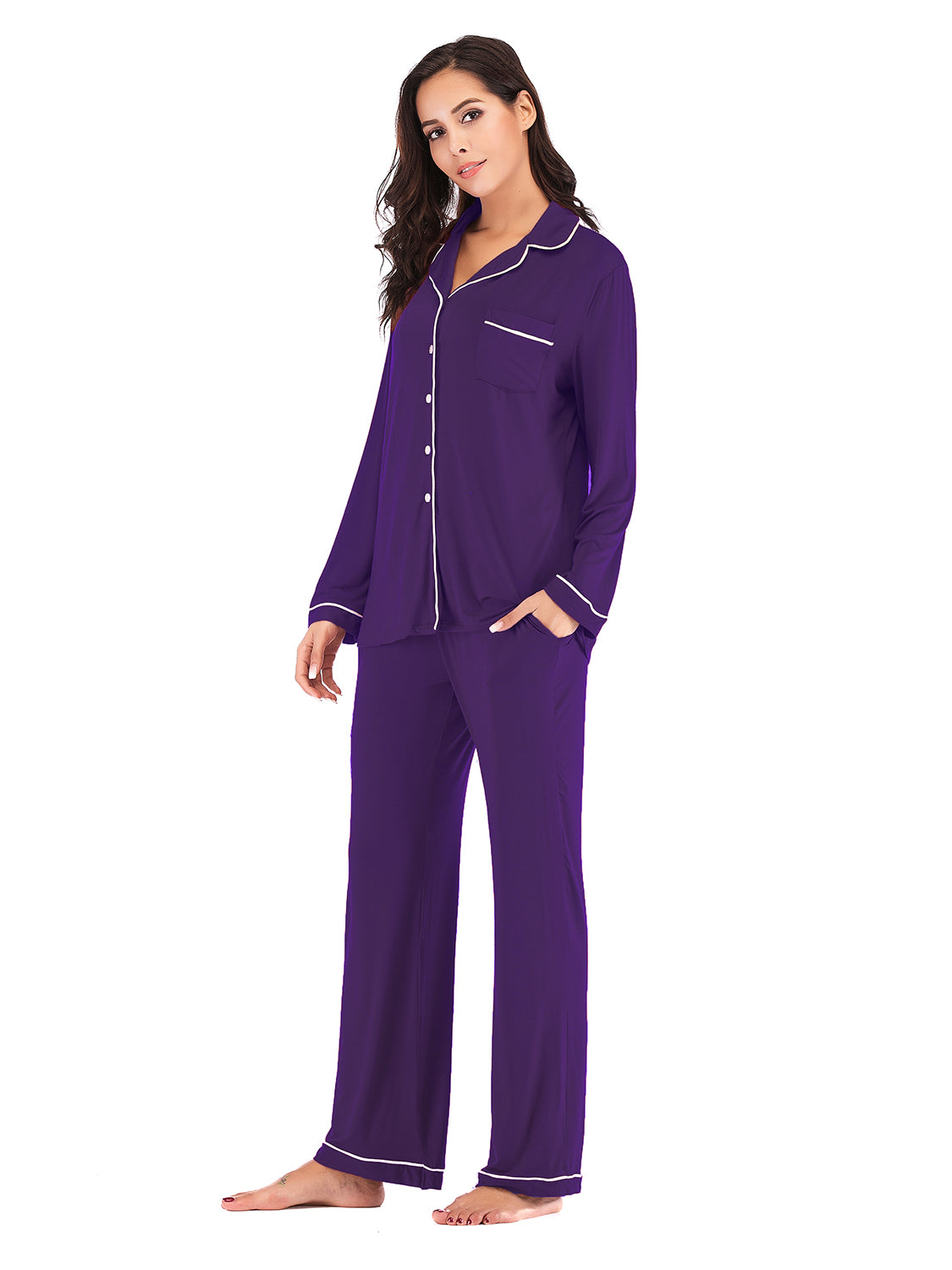 Simona Slumbertime Nylon Blend Long Sleeve Pocket and Piping Detail Loungewear Set (Multicolor)