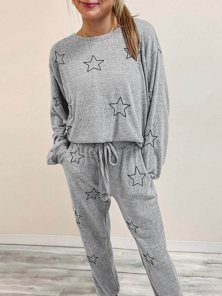 Superstar Polyester Blend Long Sleeve Top and Drawstring Waist Joggers Two Piece Lounge Set (Cloudy Blue)