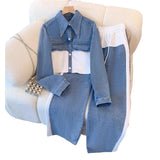 Two Piece Sets Women Pant Set Denim Splice Matching Sets Spring Top Wide Leg Long Pants Casual Loose Lace Up High Waist Jogger - treasures-4-u-2-day