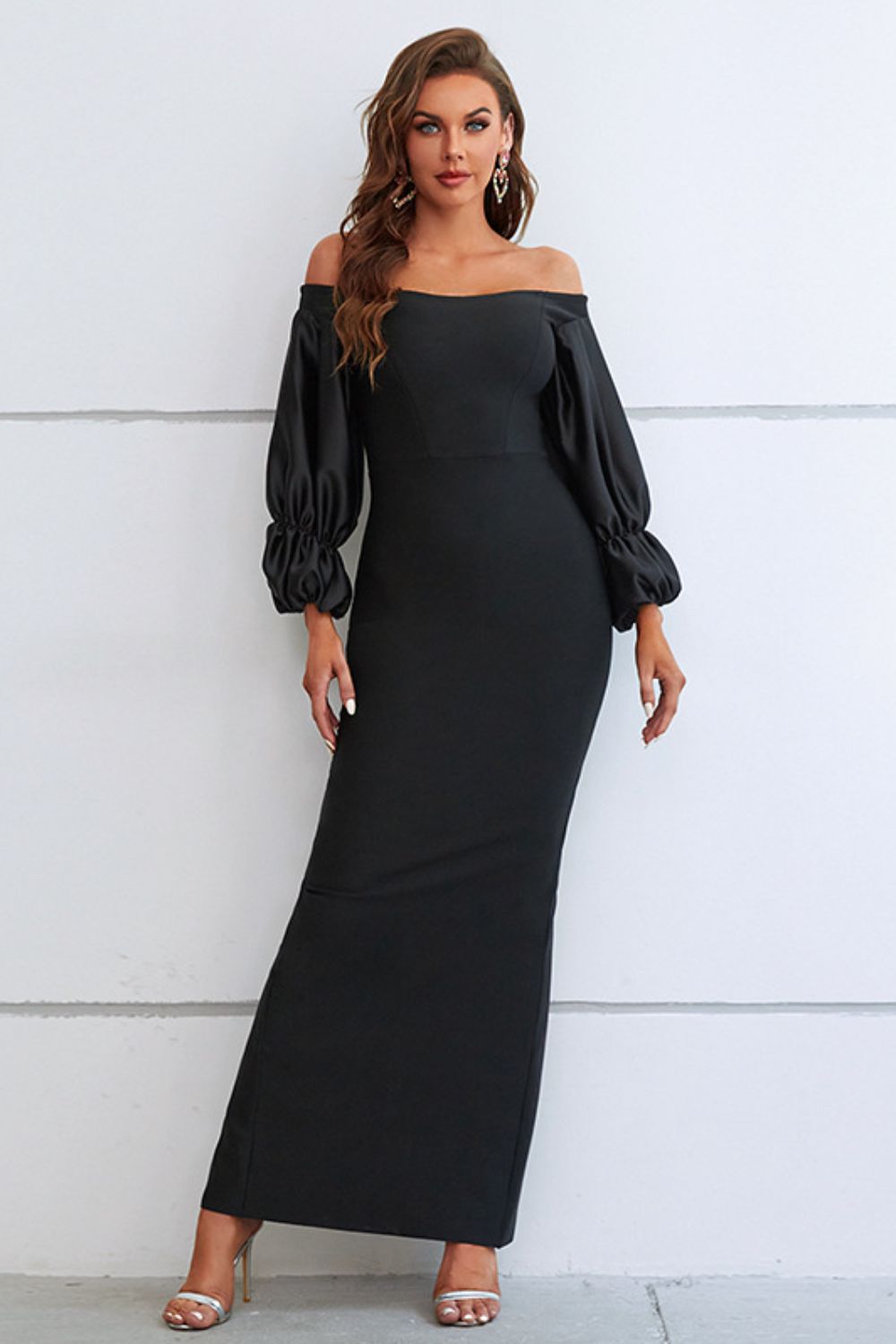 Our Best Polyester/Elastane Single Shoulder Puff Sleeves Formal Wear Maxi Dress (Black)