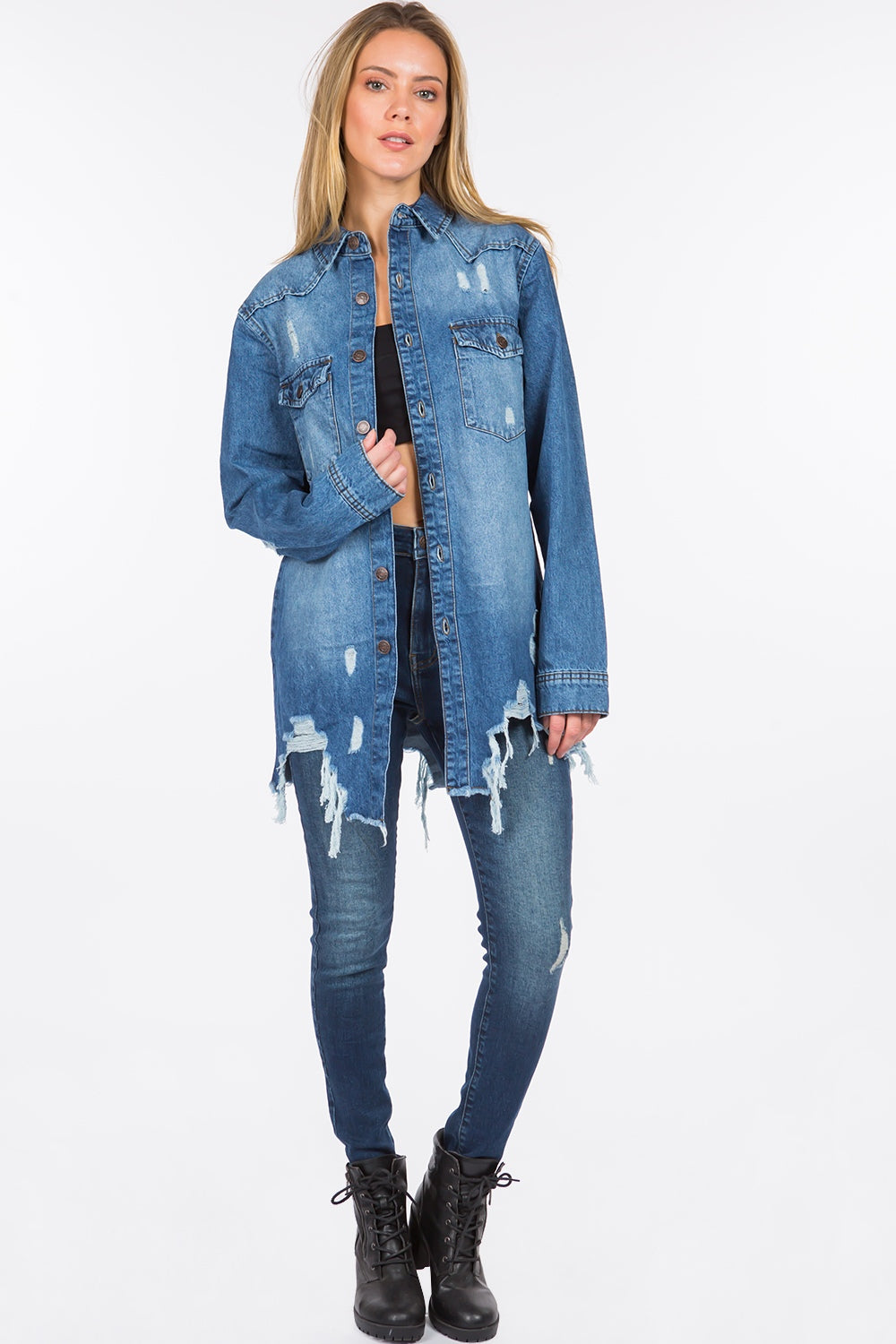 American Bazi 100% Cotton Button-Up Distressed Denim Frayed Jacket (Blue)