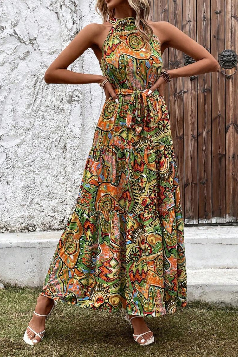 Our Best Polyester Blend Sash Belt Tie Detail Floral Print Sleeveless Maxi Dress (Floral Multi)