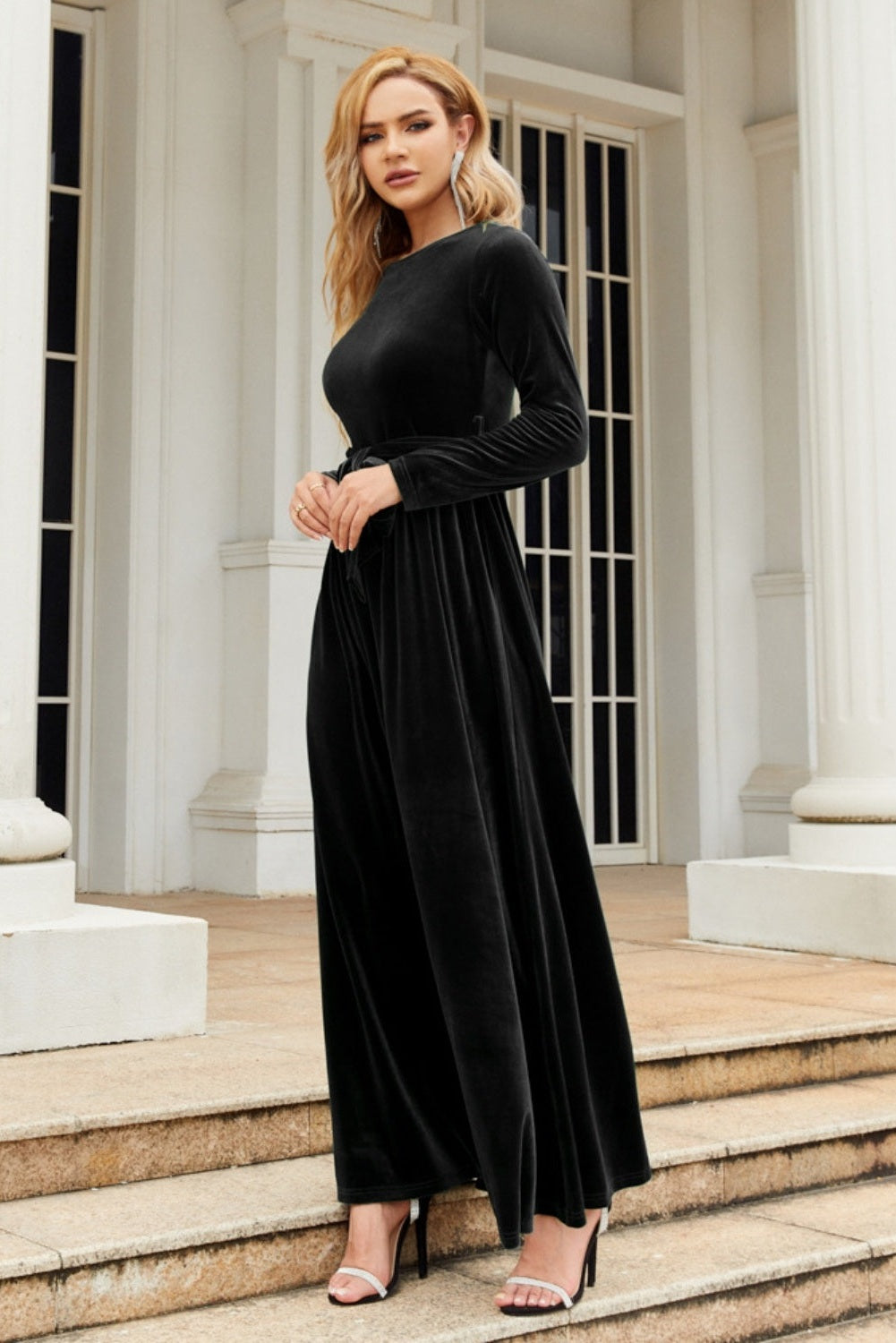 Tie Front Round Neck Long Sleeve Maxi Dress