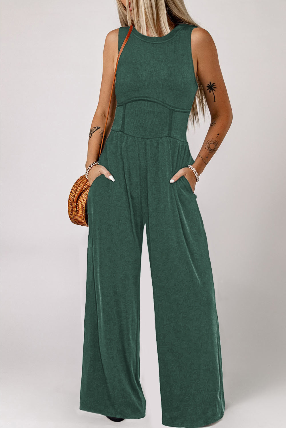 Our Best Polyester Blend Round Neck Sleeveless Inset Detail Jumpsuit (Multicolor)