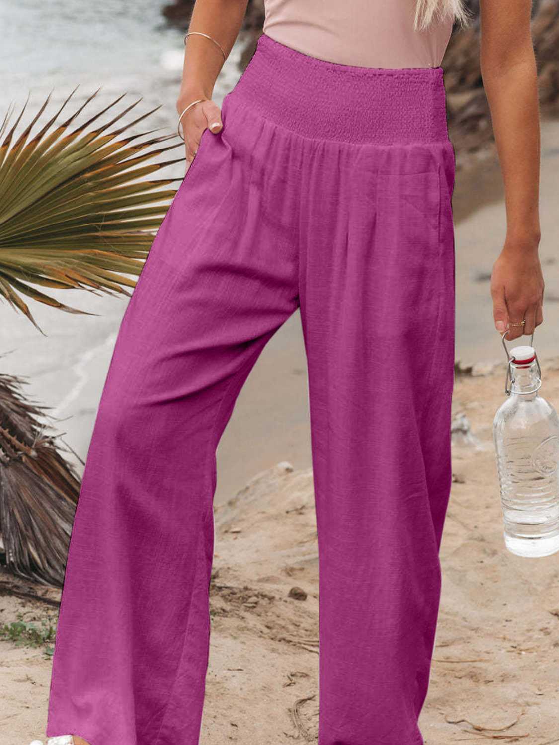 Our Best Polyester/Spandex Blend Deluxe Smocked Waist Wide Flare Palazzo Pants (Multicolors)