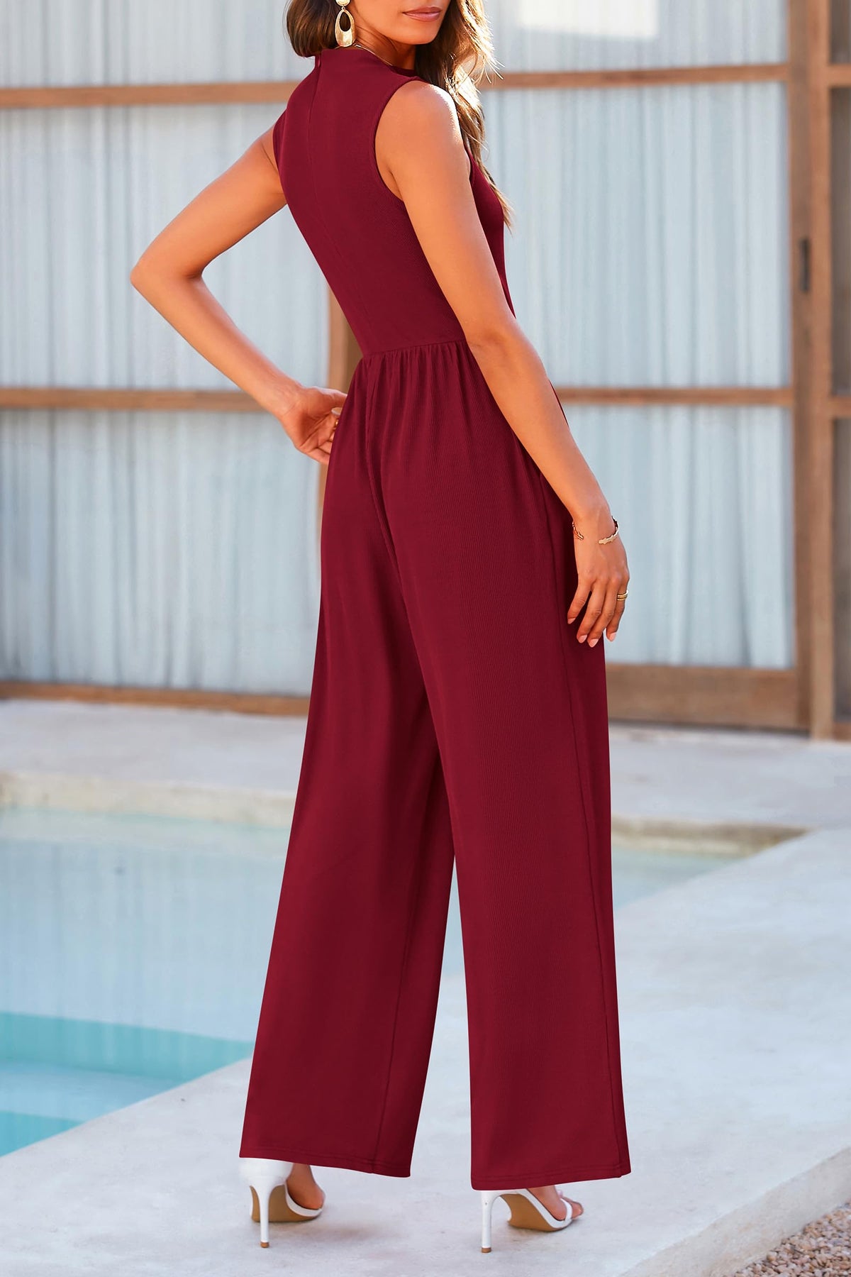 Fashion Plus 100% Polyester Bold-n-Beautiful Mock Neck Sleeveless Wide Palazzo Pant Jumpsuit ( Multi-colors)