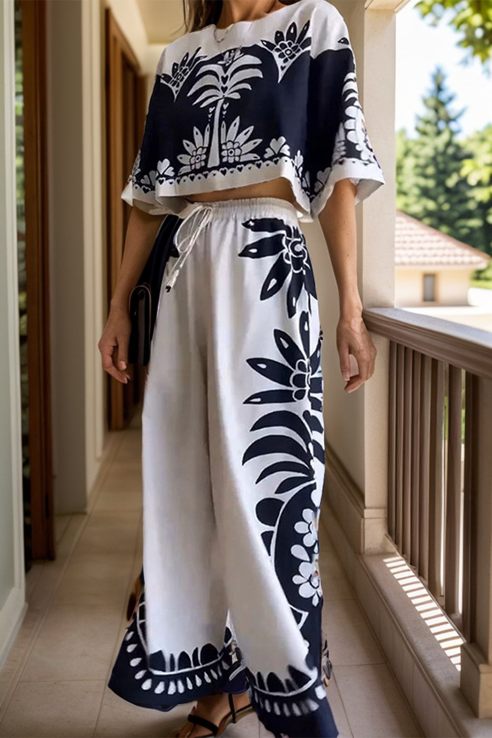 Our Best 100% Polyester Fashion Plus Floral Fantasy Half Sleeve Top and Wide Leg Pants Set (White)