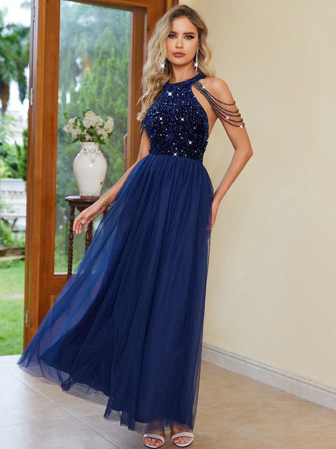 Our Best Polyester/Elastane Sequin Halter Neck Backless Formal Wear Maxi Dress (Dark Blue)