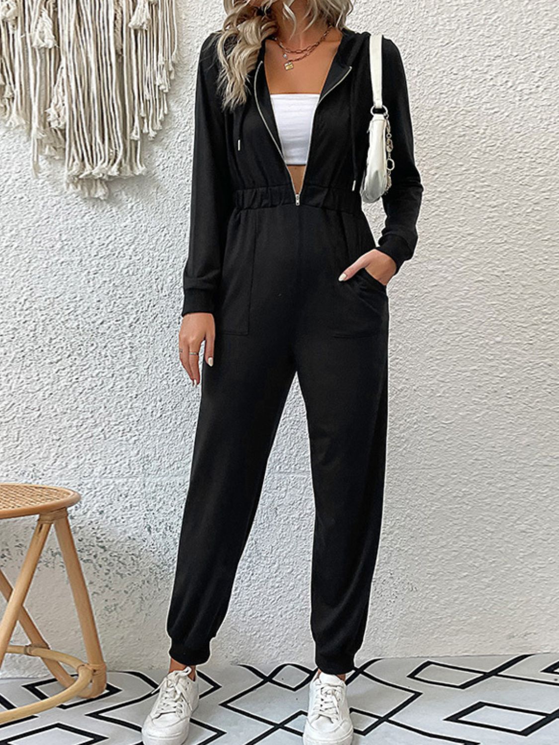 Perfee Zip Up Elastic Waist Hooded Jogger Jumpsuit