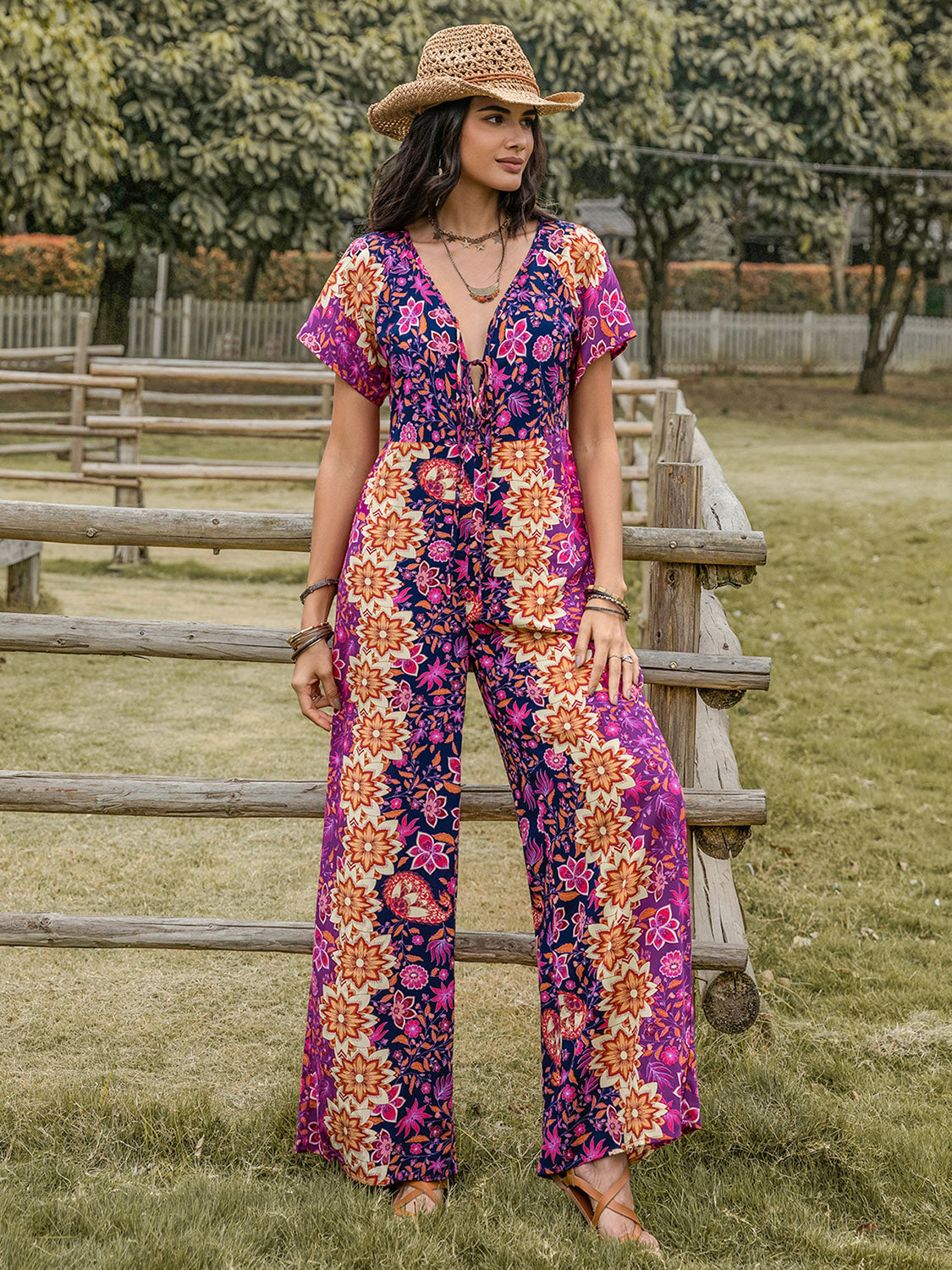 Our Best 100% Viscose Sleeveless Tie Waist V-Neck Short Sleeve Floral Print Jumpsuit (Purple)