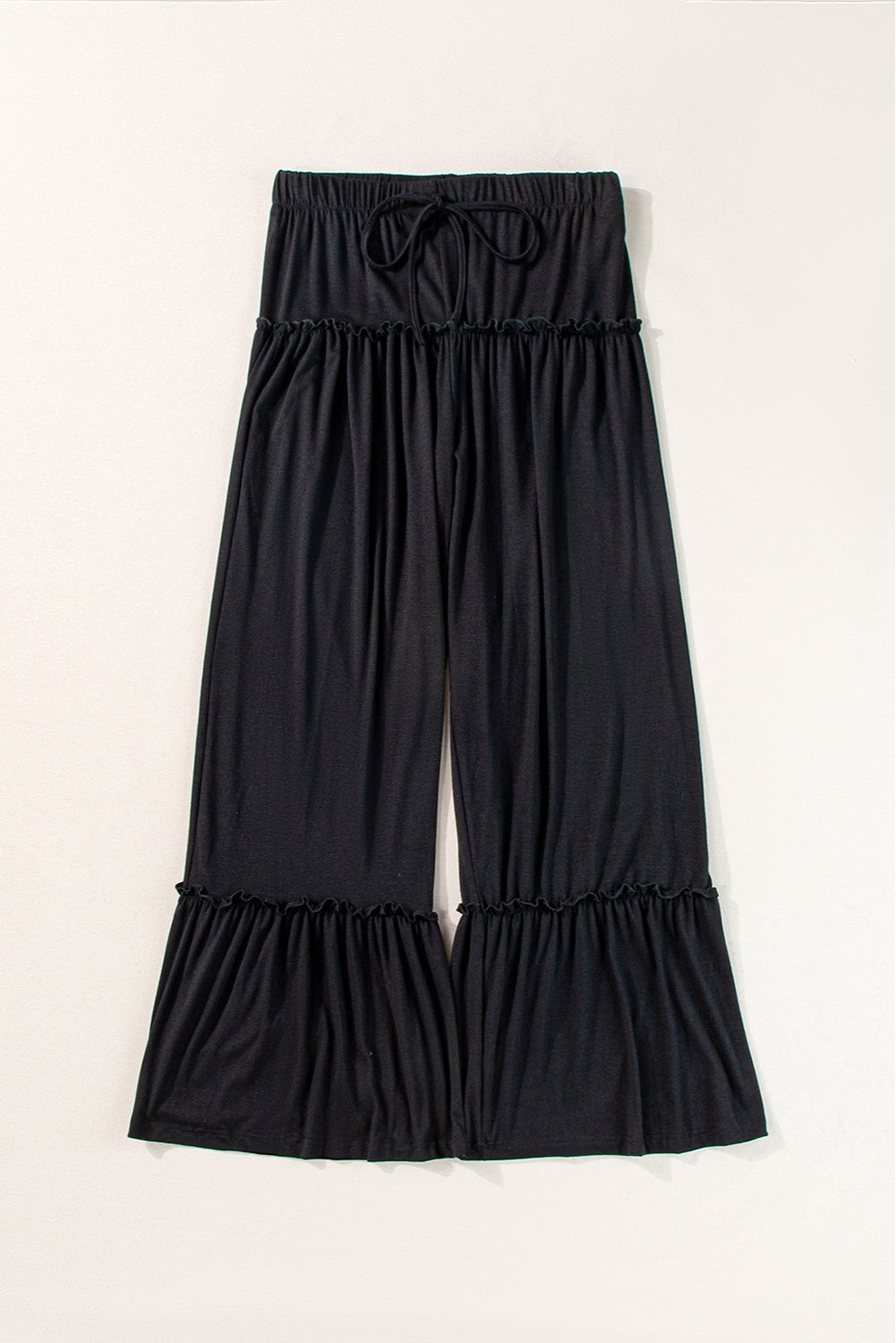 Our Best Polyester Blend Solid Color High Tie Waist Frill Ruched Bootcut Palazzo Pants (Black)