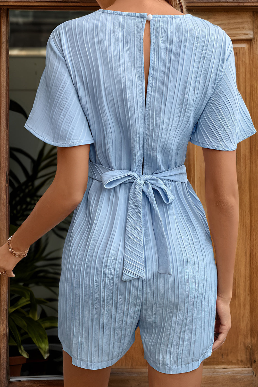 Perfee Our Best 100% Polyester Fashion Plus Tied V-Neck Short Sleeve Romper (Light Blue)