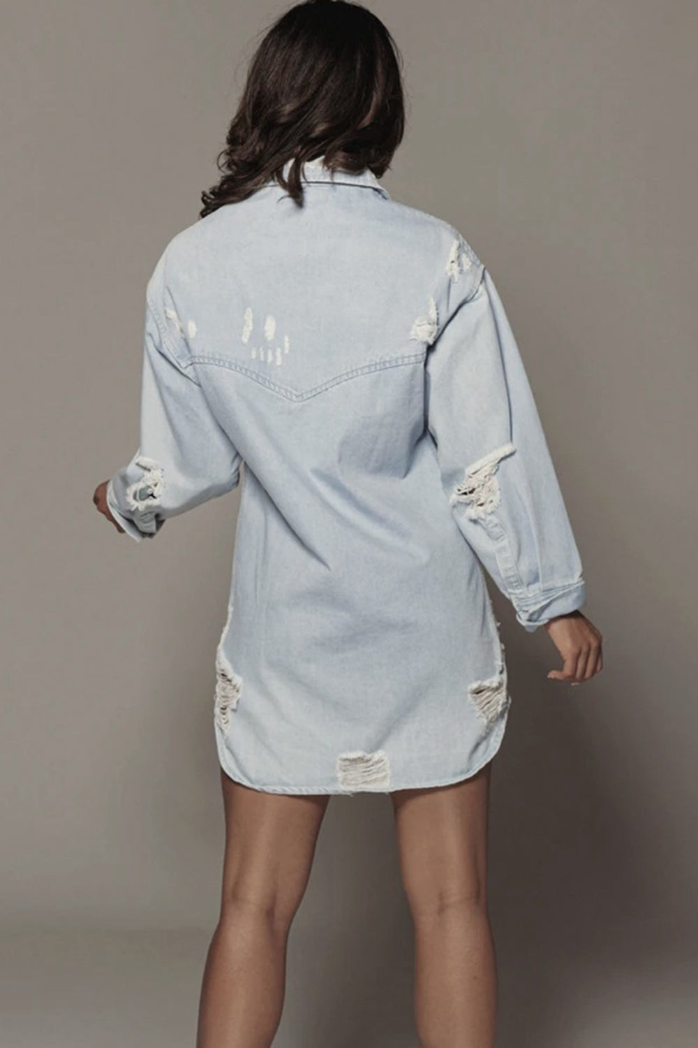 Our Best Polyester Blend Fashion Plus Distressed Long Sleeve Longline Denim Jacket (Light Denim)