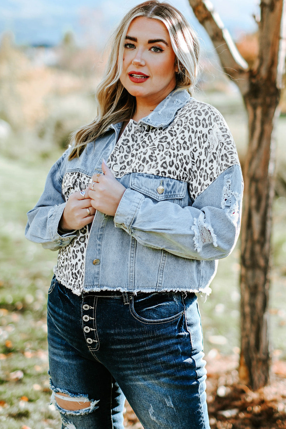 Plus Size Lovely Ladies 100% Cotton Leopard Raw Hem Distressed Spliced Denim Jacket (Sky Blue)