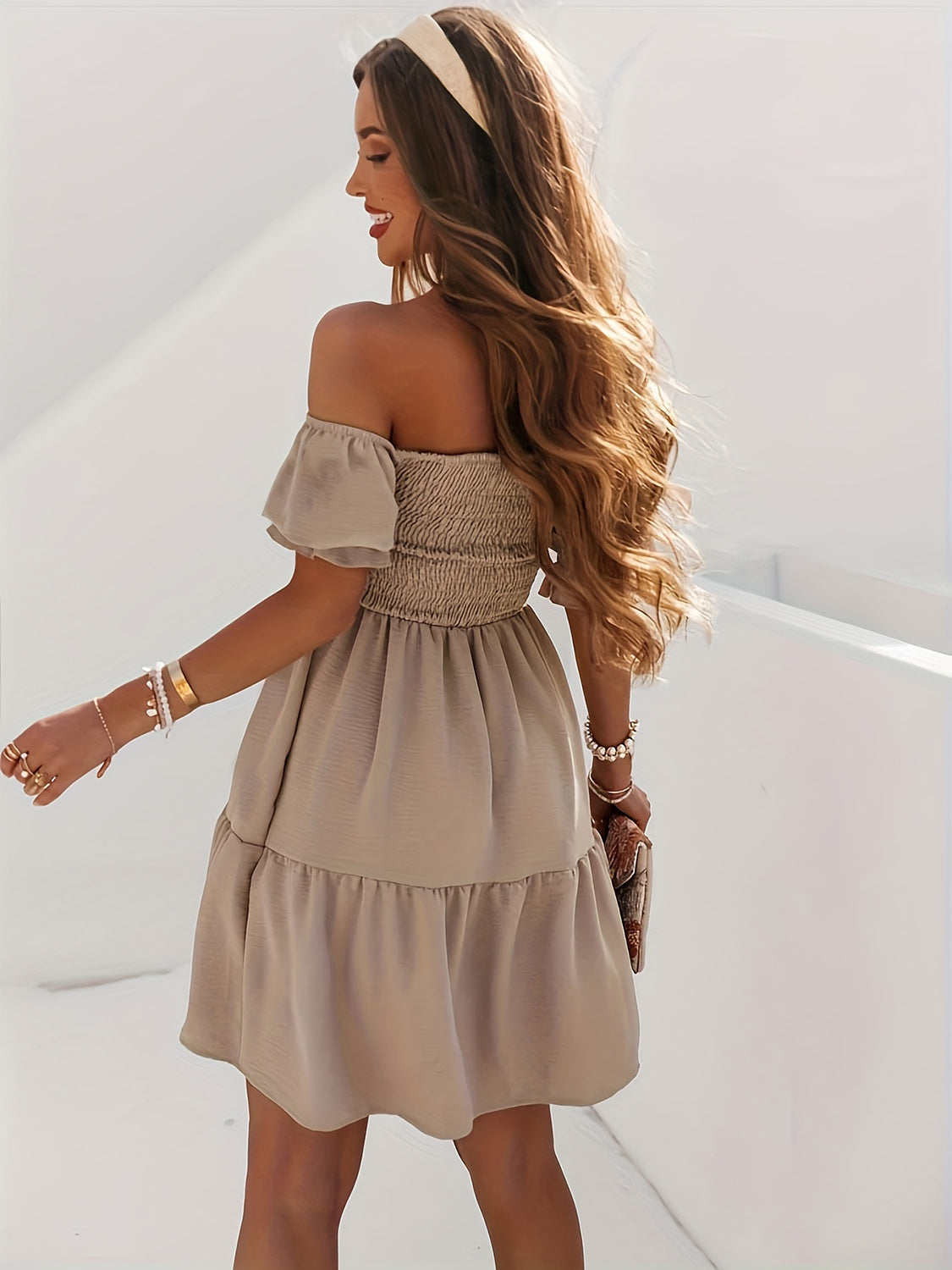 Our Best Polyester/Cotton Blend Off Shoulder Short Puff Sleeve Ruffle Detail Mini Dress (Multicolors)