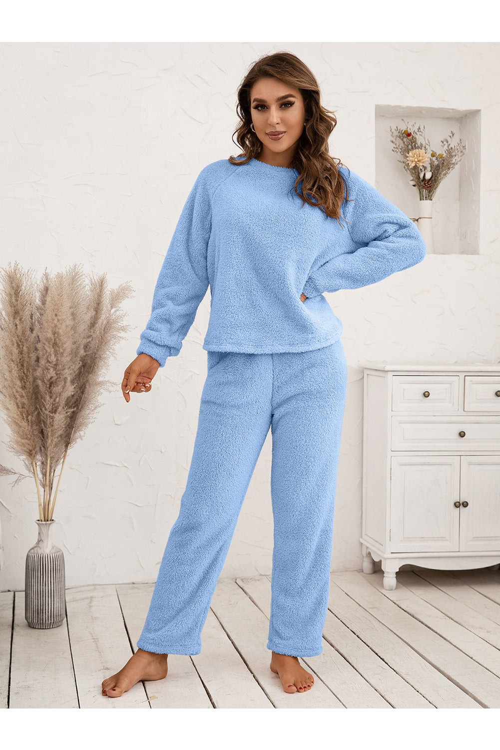 Ivy Lane 100% Polyester Long Raglan Sleeve Top and Pants Two Piece Lounge Set (Multicolor)