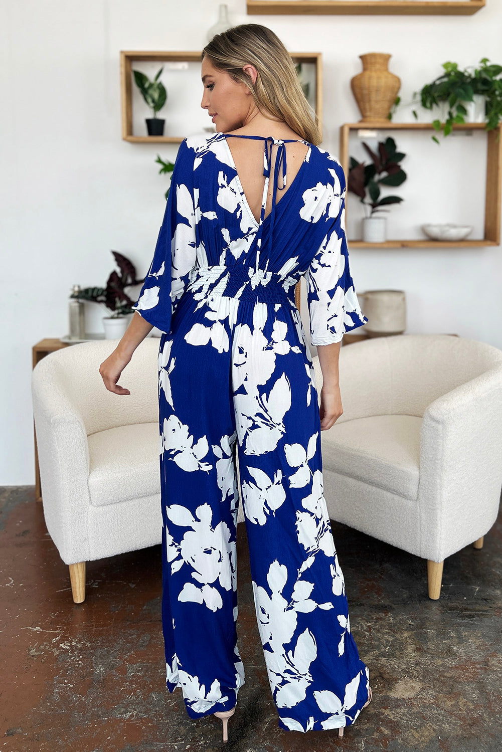 Double Take Full Size Printed Tie Back Wide Leg Jumpsuit