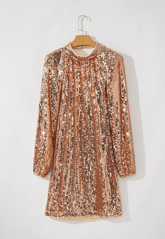 Backless Sequin Mock Neck Long Sleeve Mini Dress (Gold)