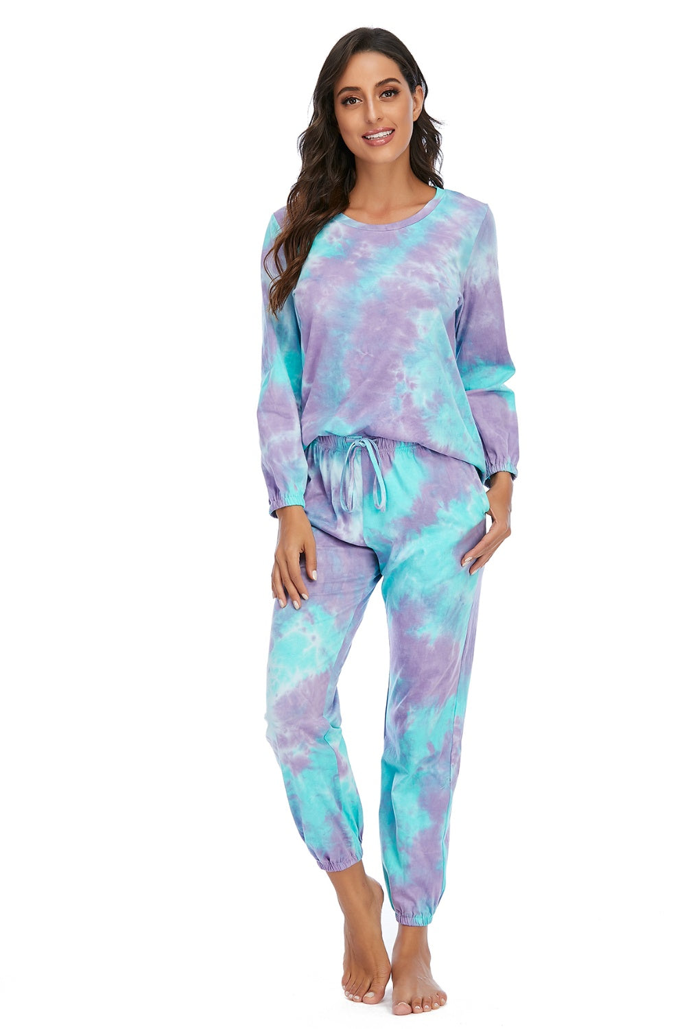 Tyra Tie-dye Rayon/Spandex Blend Drawsting Waist Top and Pants Two Piece Lounge Set (Multicolor)