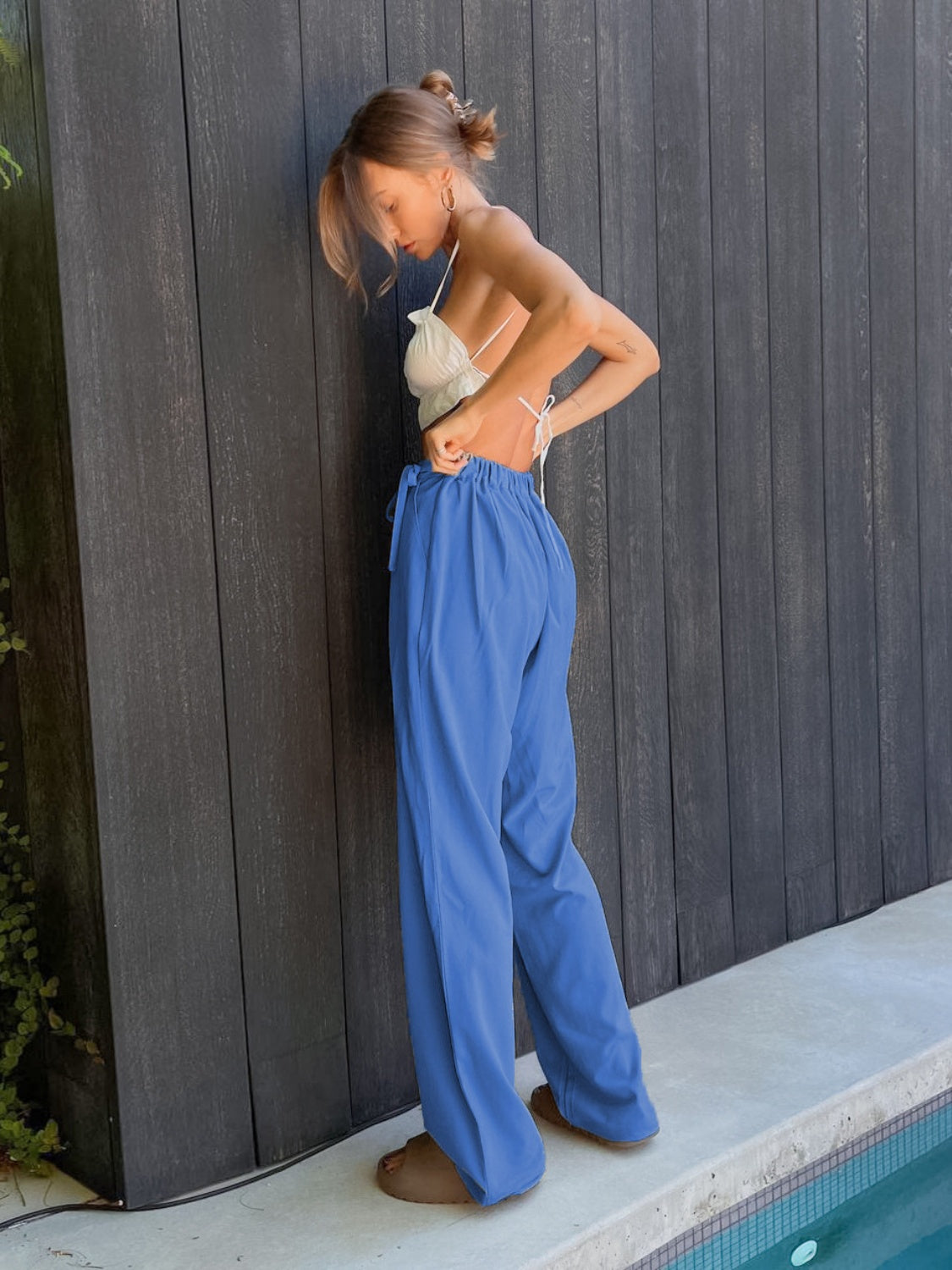 Our Best Polyester Blend Solid Color High Drawstring Waist Tie Detail Wide Palazzo Pants (Multicolor)