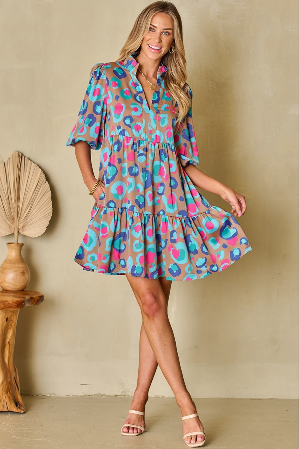 Notched Balloon Sleeve Mini Dress