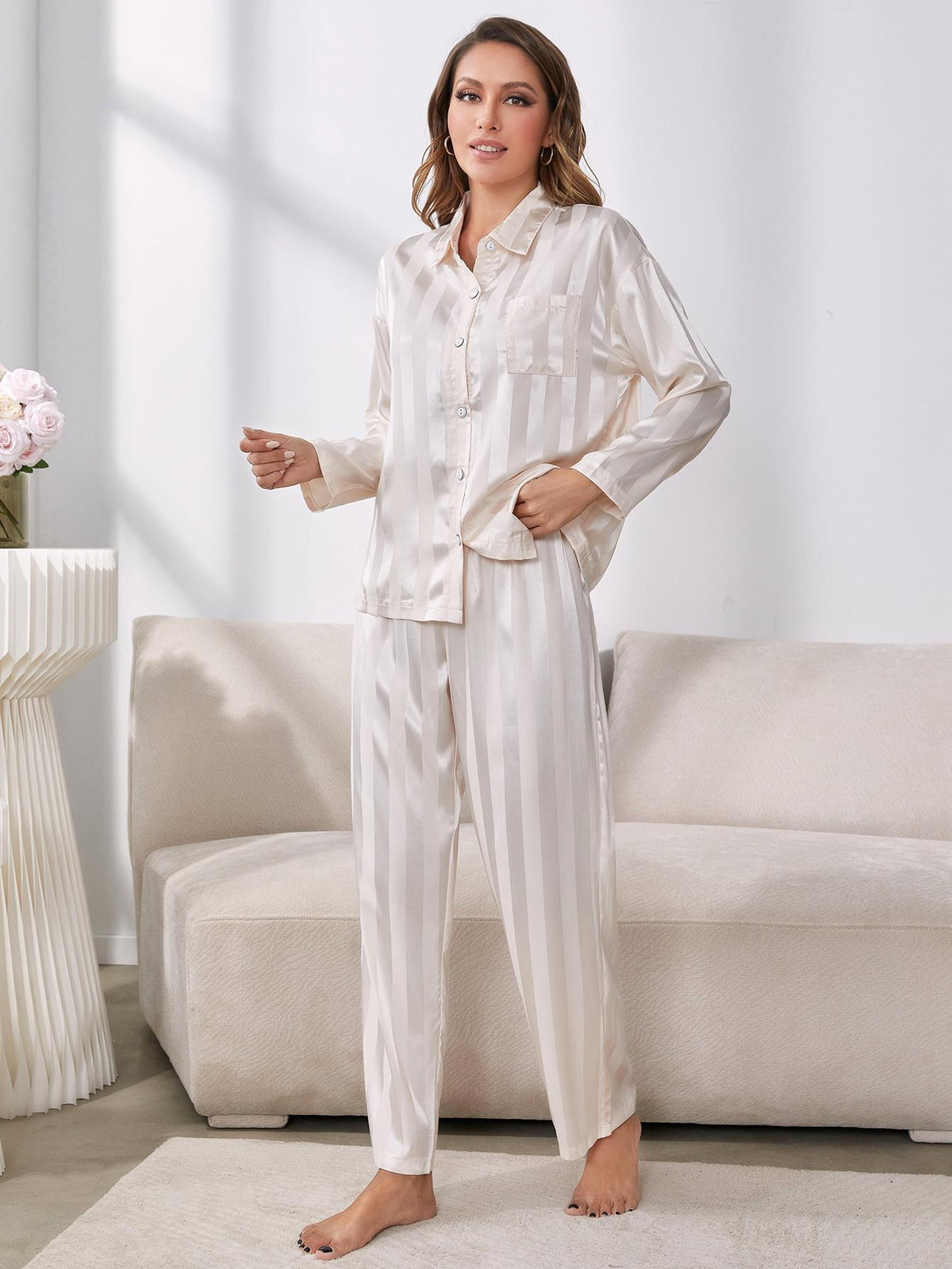 Simona Slumbertime Polyester Blend Satin Striped Button-Up Shirt and Pants Two Piece Pajama Set (White)