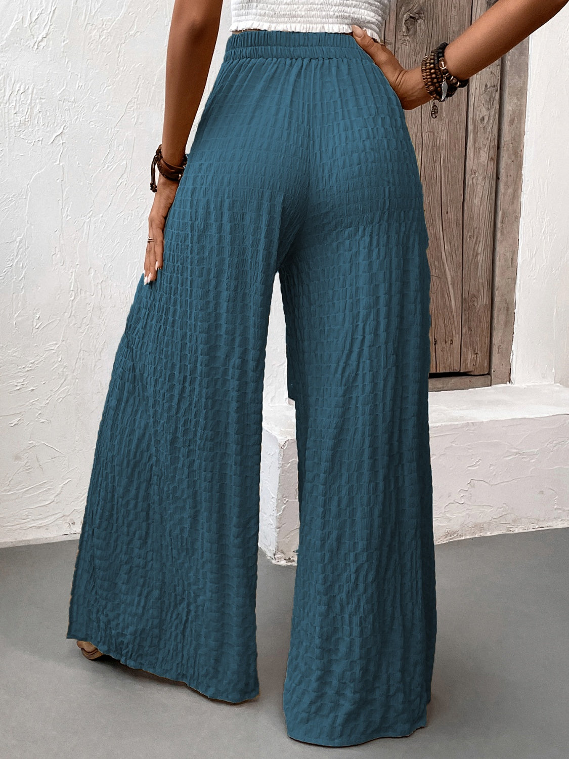 Our Best Polyester Blend Crinkle Fabric Sash Tie Slit Detail Wide Flare Palazzo Pants (Multicolor)