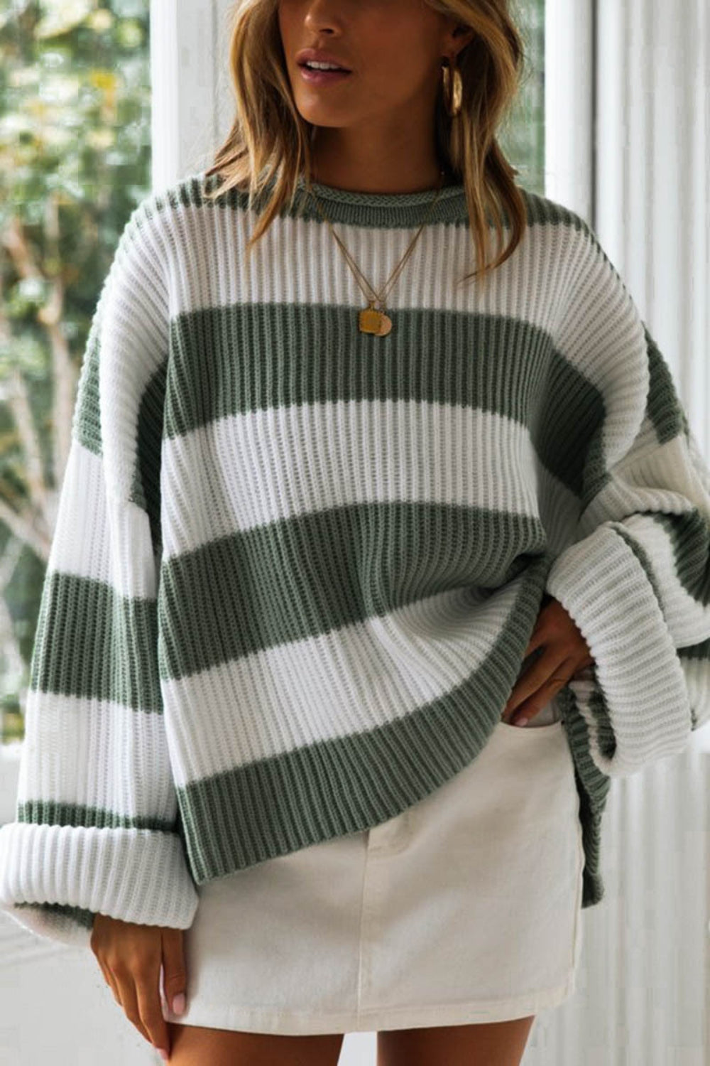 Bold-n-Beautiful 100% Polyester Crotchet Knit Striped Round Neck Long Sleeve Sweater (White)