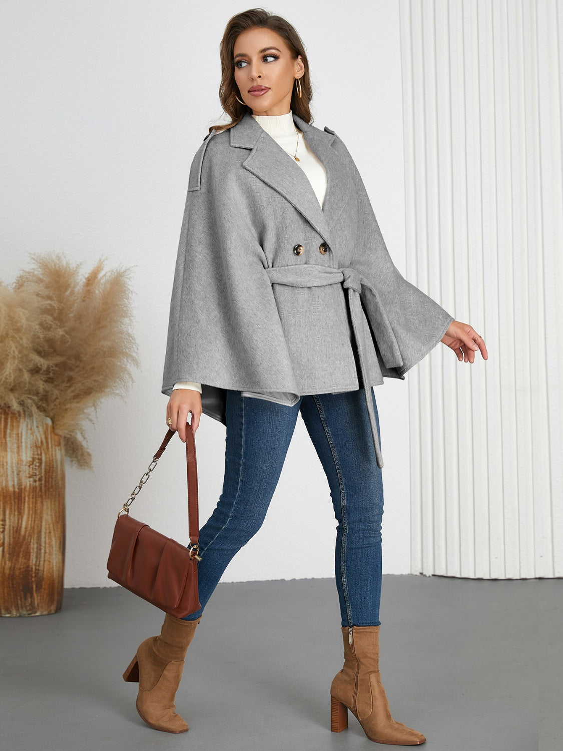 Monah Paloma 100% Polyester Pretty-n-Plush Double-Breasted Sash Tie Button Detail Poncho (Grey/Tan)