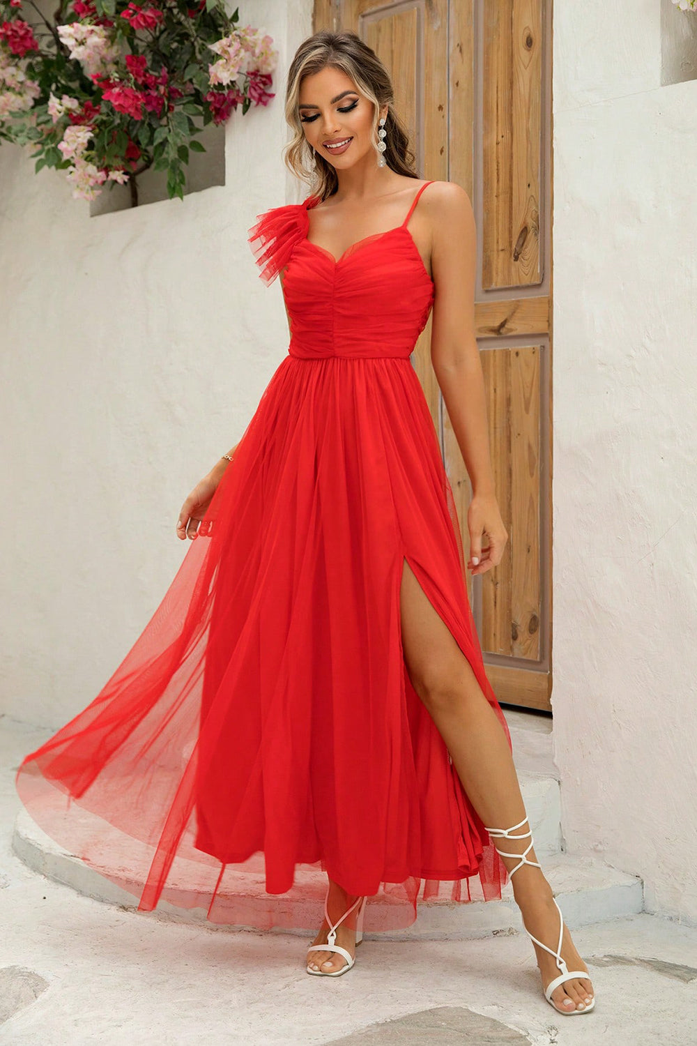 Our Best 100% Polyester Single Ruffled Cap Sleeve Ruched Detail Maxi Dress (Variants)