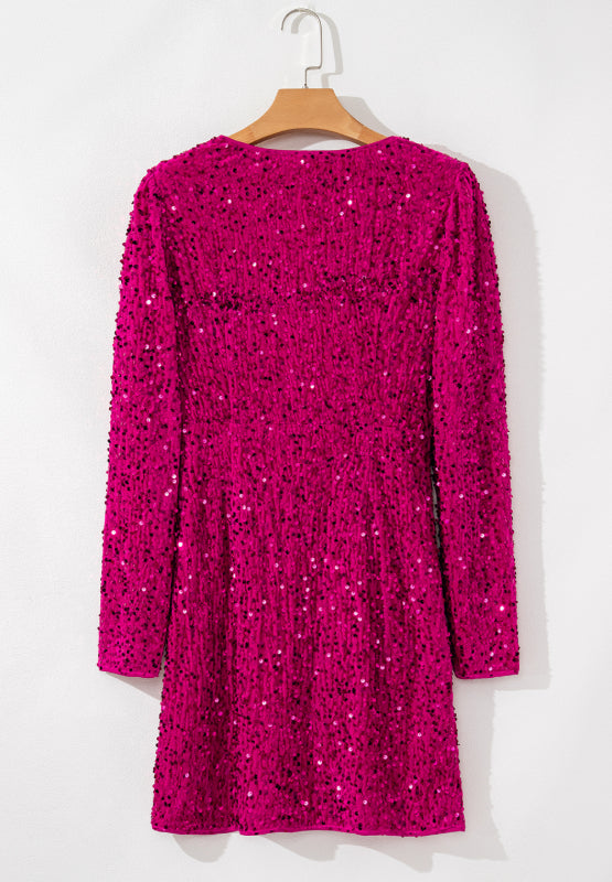 Fashion Plus 100% Polyester Sequin Embellished Long Sleeve Ruched Mini Dress (Rose)