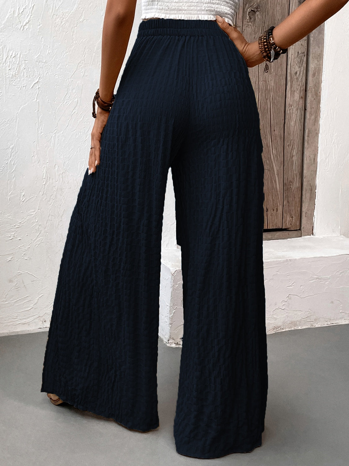 Our Best Polyester Blend Crinkle Fabric Sash Tie Slit Detail Wide Flare Palazzo Pants (Multicolor)