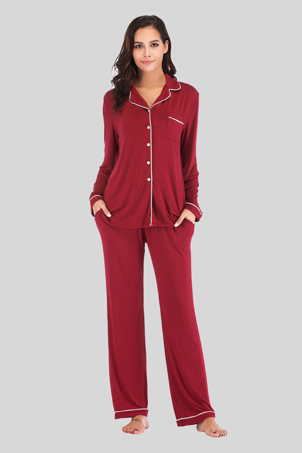 Simona Slumbertime Nylon Blend Long Sleeve Pocket and Piping Detail Loungewear Set (Multicolor)