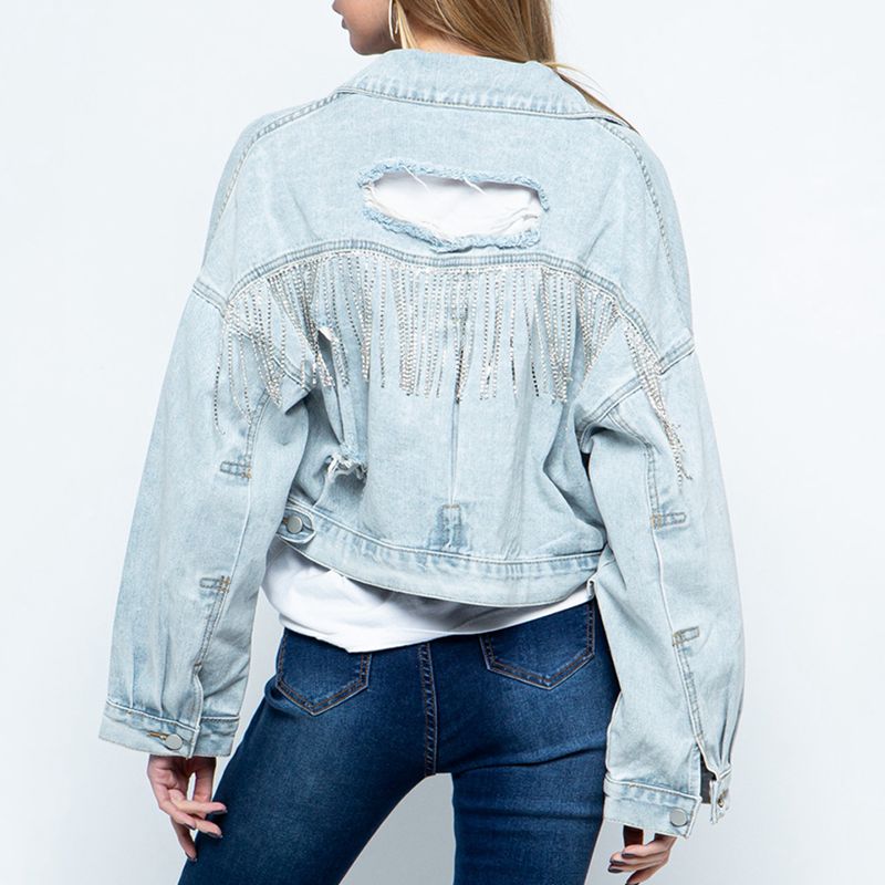 Damsel In Distressed Cotton Blend Fashion Plus Distressed Collared Neck Dropped Shoulder Crop Denim Jacket (Multicolor)