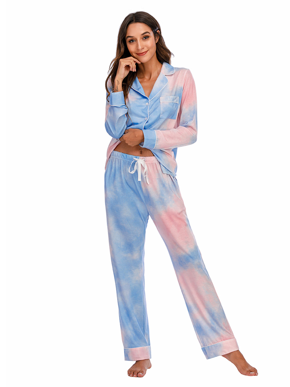 Simona Slumbertime Nylon Blend Long Sleeve Pocket and Piping Detail Loungewear Set (Multicolor)