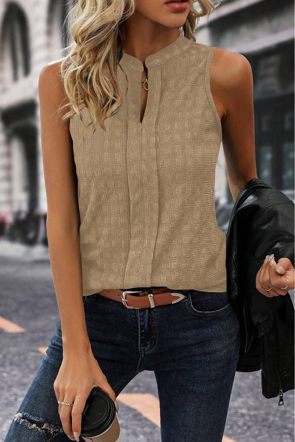 Our Best Polyester Blend Exotic Solid Color Print Sleeveless Textured Notched Detail Tank (Khaki)