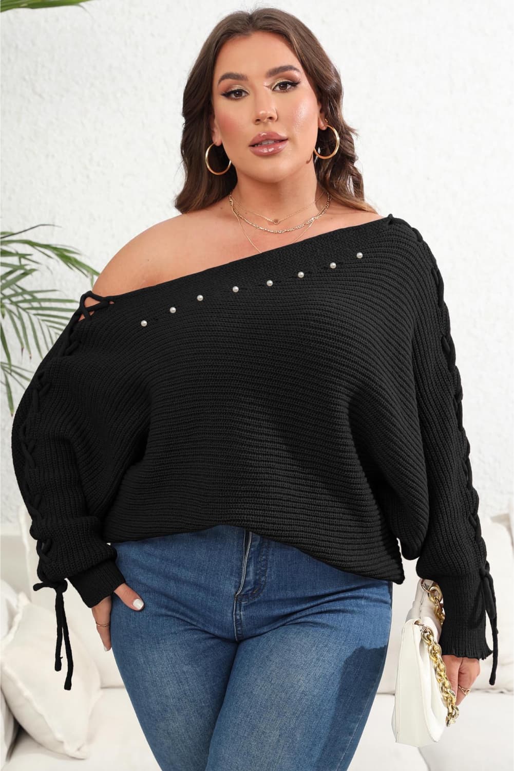 Plus Size Lovely Ladies Polyester Blend Fashion Plus Single Shoulder Beaded Sweater (Multicolor)