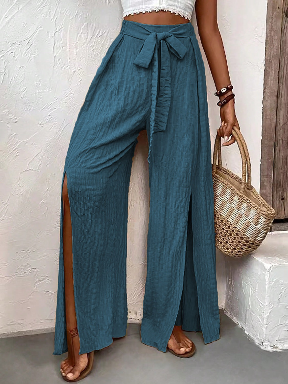 Our Best Polyester Blend Crinkle Fabric Sash Tie Slit Detail Wide Flare Palazzo Pants (Multicolor)